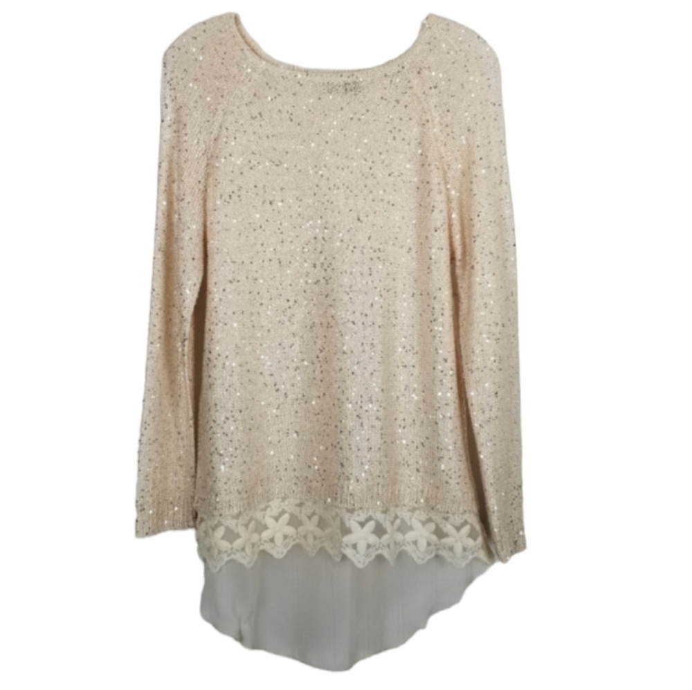 Katsuit Sequin Lace Hem Sheer Open Back Sweater Cream Silver Sequins Sz Medium